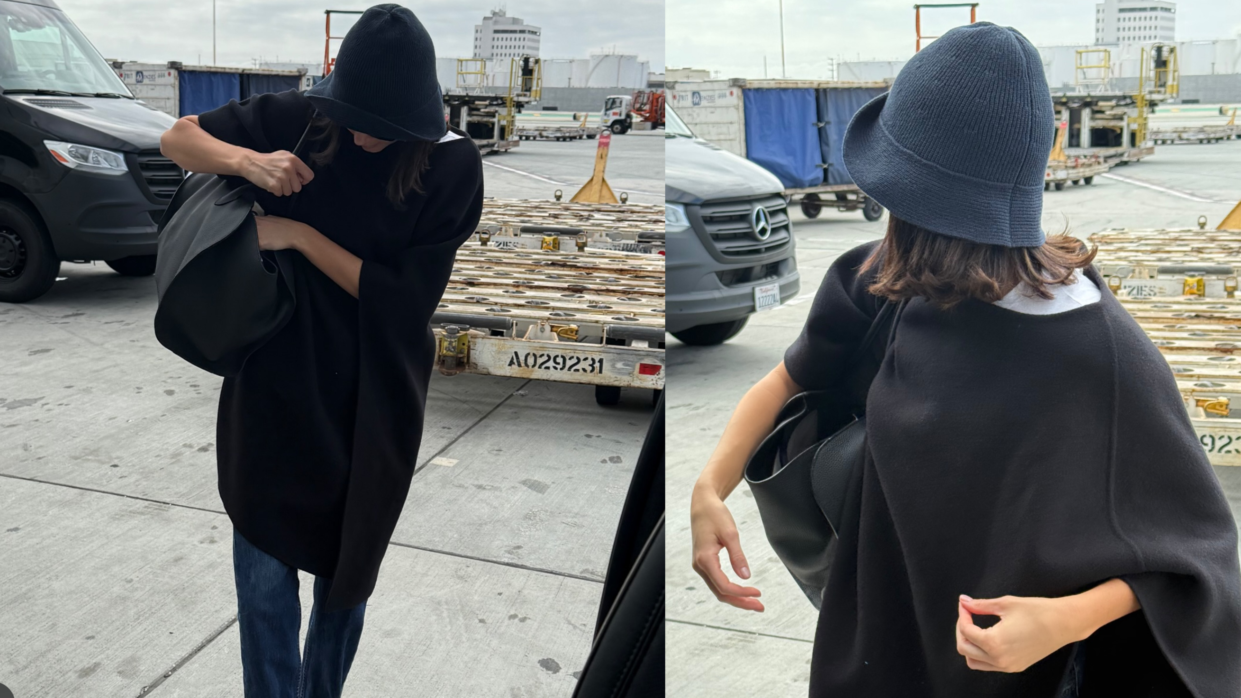Kendall Jenner wearing a blue cloche hat, The Row bag, black cape, dark-wash cuffed jeans, and black glove flats.