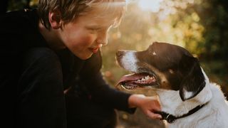 Young boy chatting to dog listening