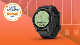 A Live Science Prime Day logo and the Garmin Epix Sapphire Solar (Gen 2) smartwatch on an orange background