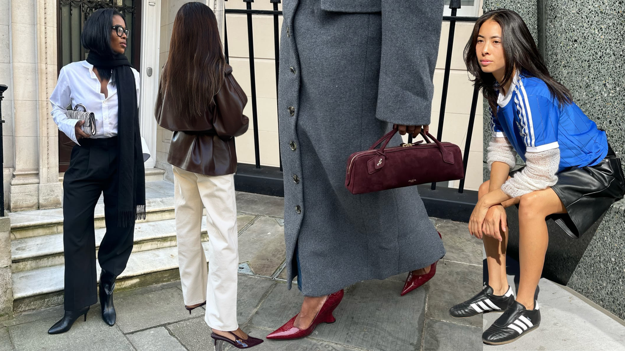 A collage showcasing the footwear styles that make up a 2025 shoe capsule wardrobe.