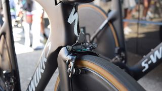 The S-Works Shiv TT features a centre-pull, direct-mount front brake