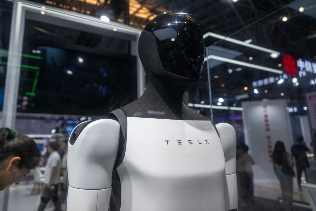 Tesla Bot Optimus is on display during the 2024 World AI Conference & High-Level Meeting on Global AI Governance at Shanghai World Expo Exhibition and Convention Center on July 7, 2024