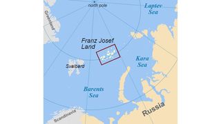 Map showing where Franz Josef Land is (in the Barents Sea north of Russia, east of Svalbard, and just south of the North Pole.