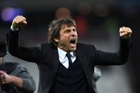 Antonio Conte celebrates a win for Chelsea against West Ham in March 2017.