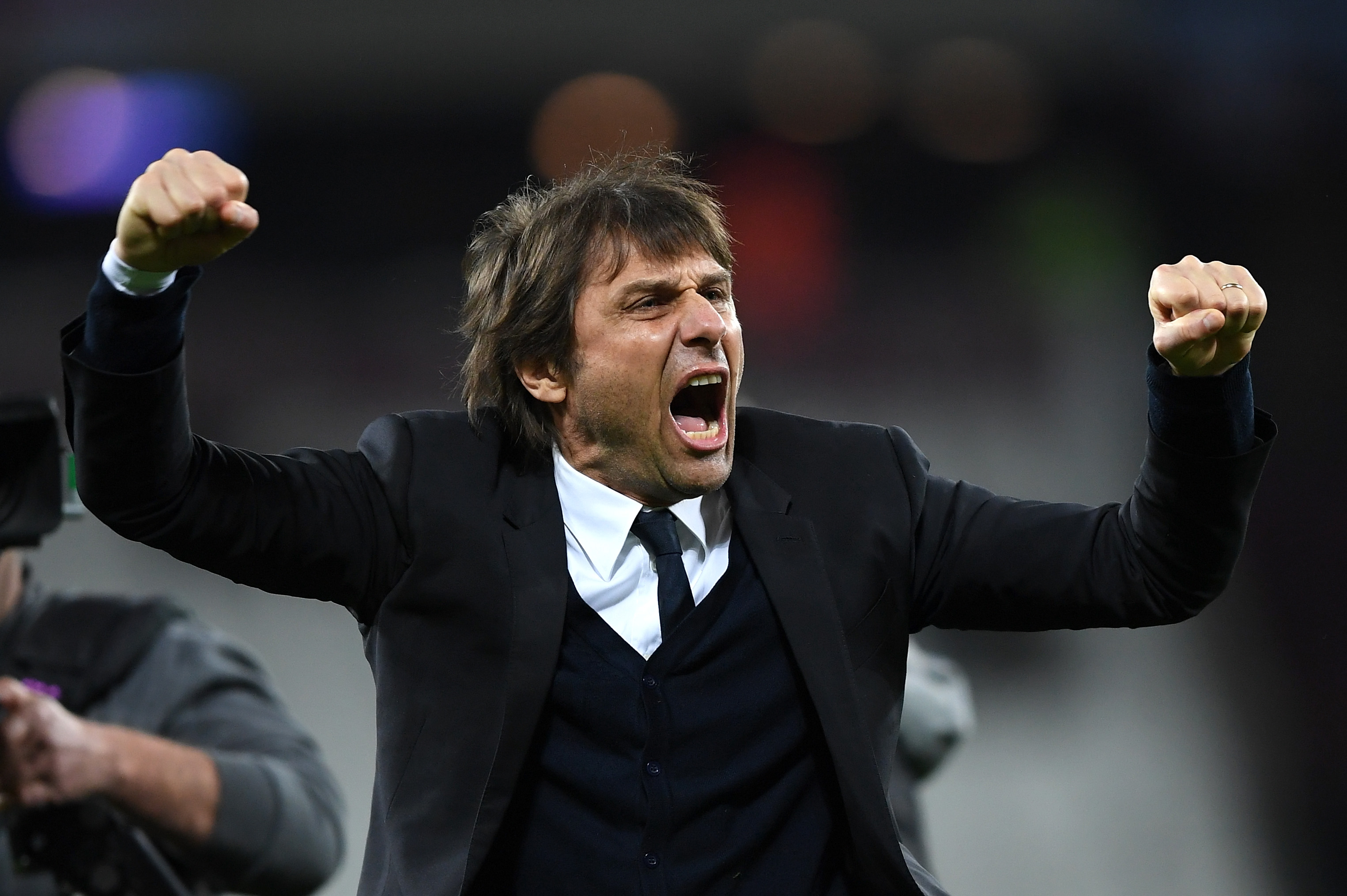 Antonio Conte celebrates a win for Chelsea against West Ham in March 2017.