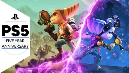 Key art for Ratchet & Clank Rift Apart showing Ratchet and Rivet fighting enemies back to back, yet within different dimensions, with the PS5 five year anniversary GamesRadar+ frame along the side