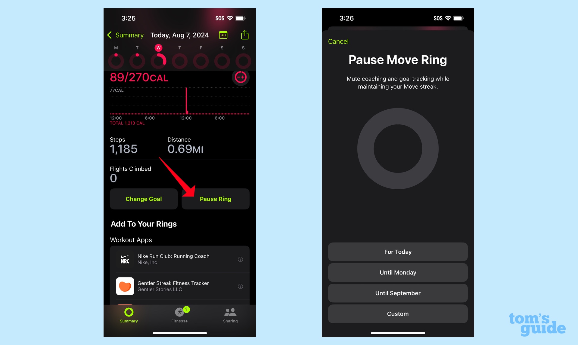 Select the ring pause and choose how long you want to pause the ring's movement progress