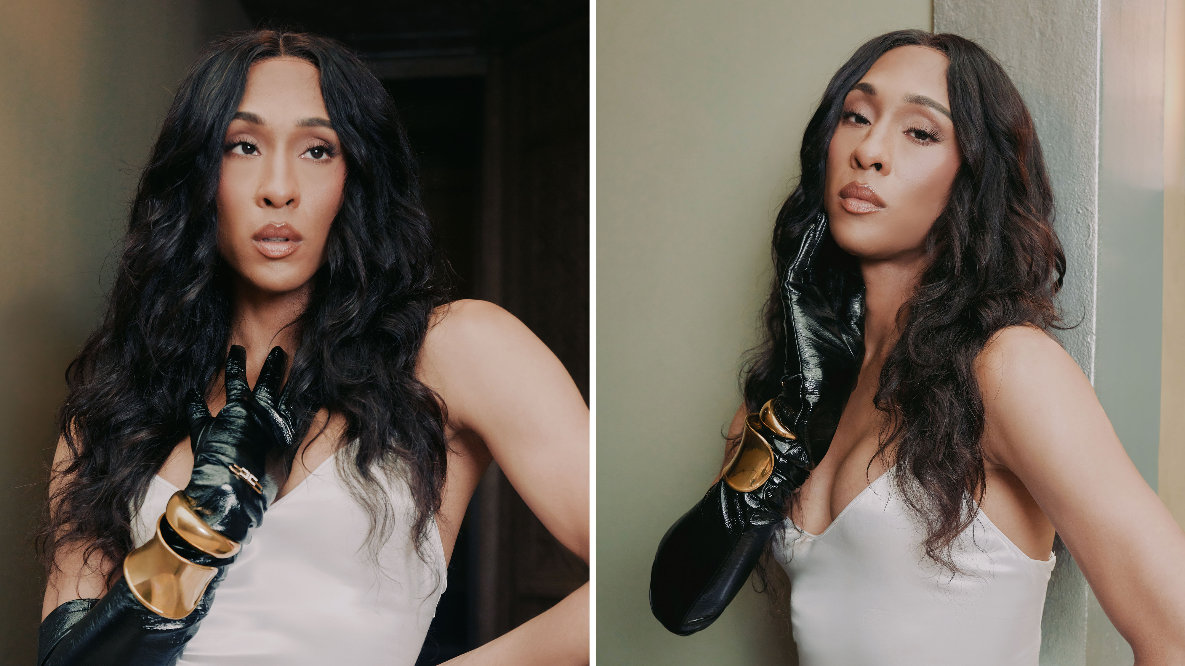 a split image of michaela j rodriguez wearing a white stain dress and black glove