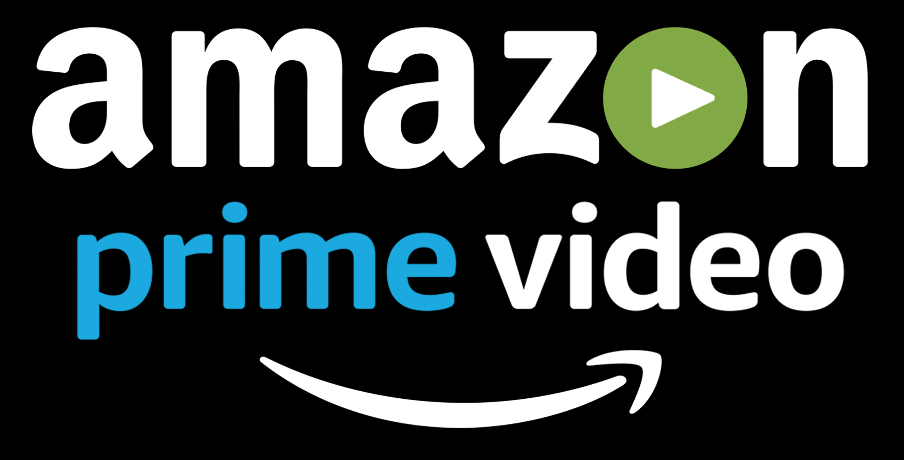 "amazon prime video" written out in lower case writing, with "Prime" written in blue and the rest in white, underneath the writing is an arrow in the shape of a smile.