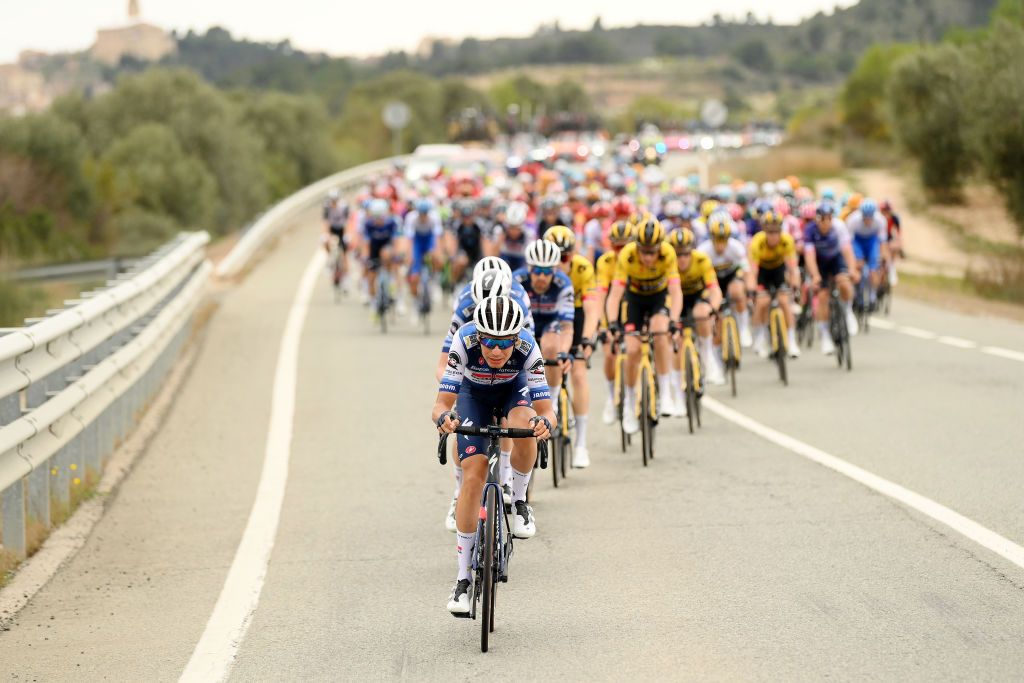 LO PORT SPAIN MARCH 24 Fausto Masnada of Italy and Team Soudal QuickStep leads the peloton during the 102nd Volta Ciclista a Catalunya 2023 Stage 5 a 1766km stage from Tortosa to Lo Port Mirador del Portell 1033m UCIWT on March 24 2023 in Lo Port Spain Photo by David RamosGetty Images