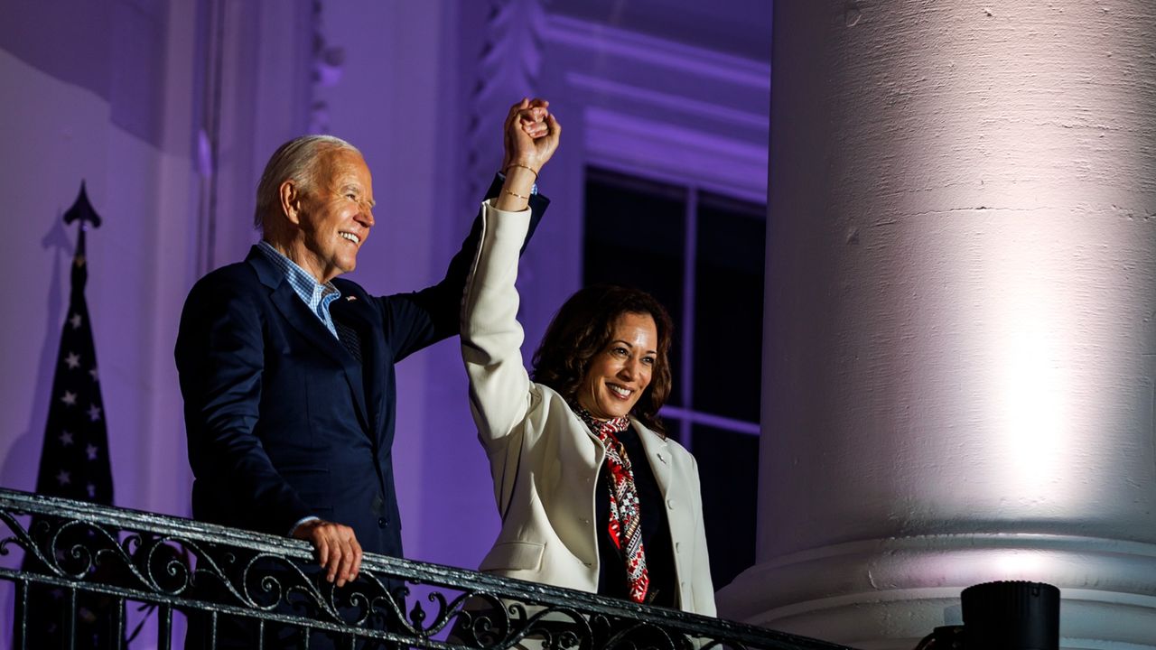 President Joe Biden and Vice President Kamala Harris on the White House balcony during July 4 celebrations