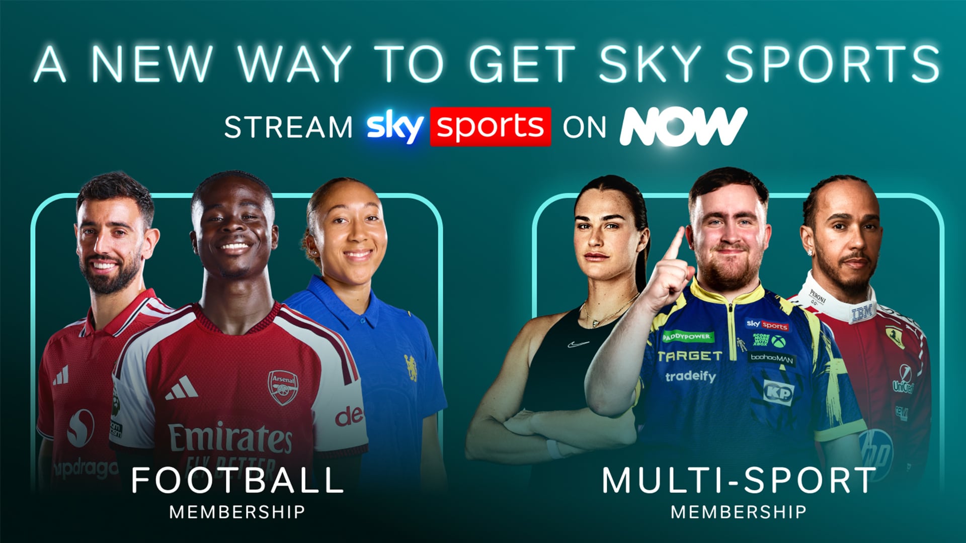 An image showing the new Sky Sports on NOW memberships: Football and Multi-Sport. Celebrities including Lewis Hamilton and Luke Littler are featured.