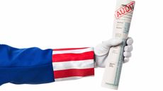 Uncle Sam holding a tax return with "audit" stamped on it
