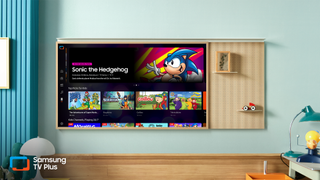 Samsung TV with user interface and Sonic Hedgehog