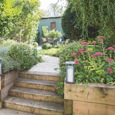 Steps up between the raised beds to the gravel path leading through the garden to the seating area at the end of the garden.