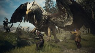 Dragon's Dogma 2 screenshot depicting a party attacking a large gryphon