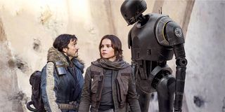 Cassian Andor Jyn Erso K-2SO talk to gether in a group