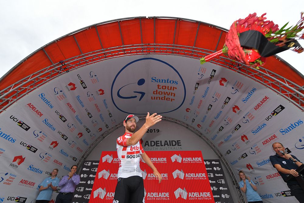 Thoms De Gendt, stage 4's most aggressive rider, tosses his bouquet to the Tour Down Under crowd