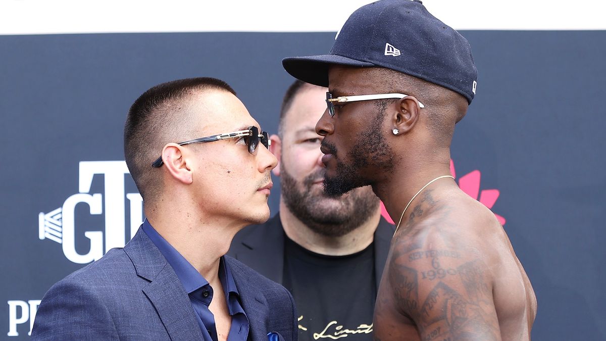 Tim Tszyu and Tony Harrison face off during the official press conference ahead of the ahead of the WBO super-welterweight world title fight between Tim Tszyu and Tony Harrison at The Royal Botanic Gardens on March 10, 2023