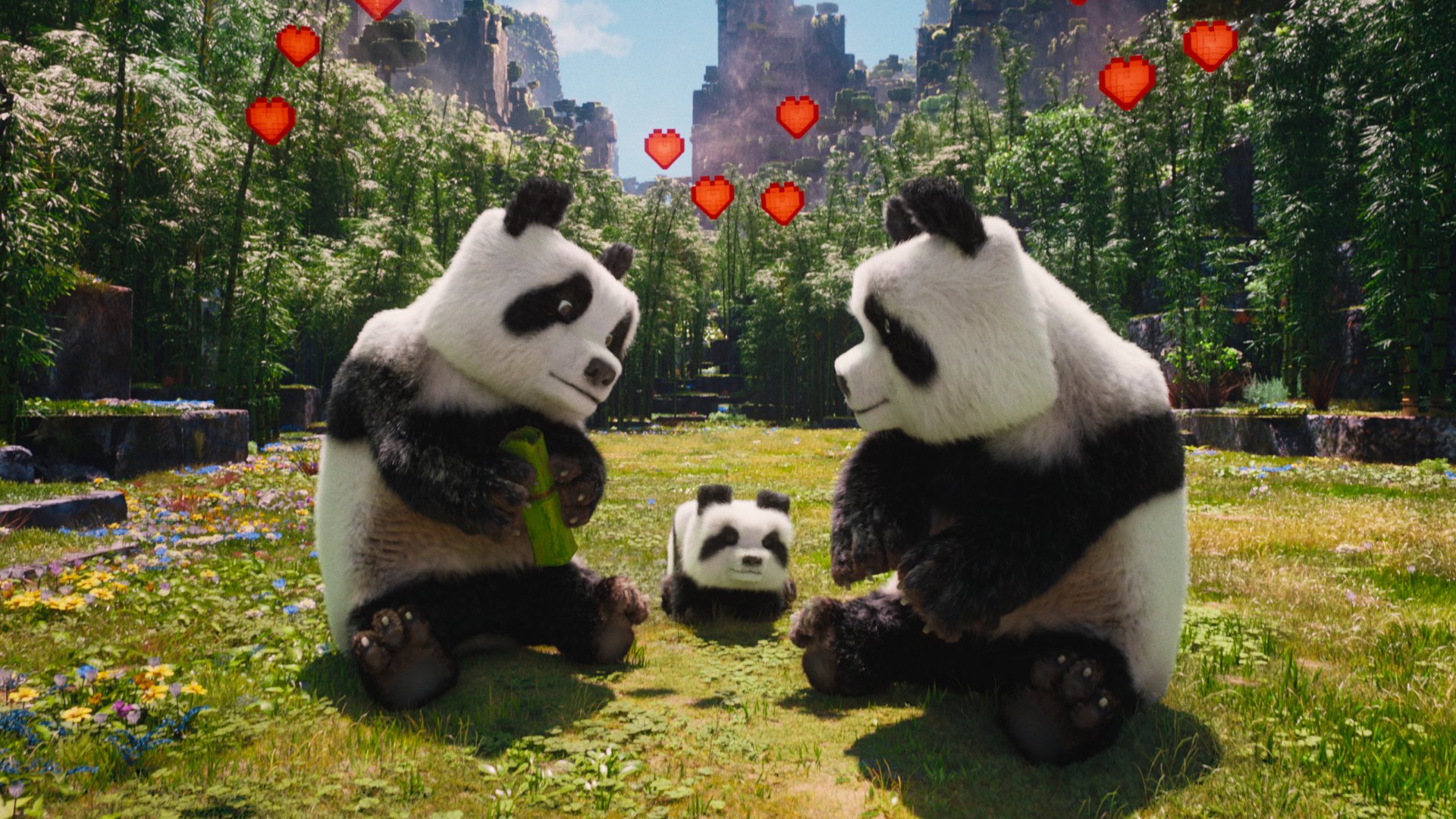 Two pandas in love with a baby