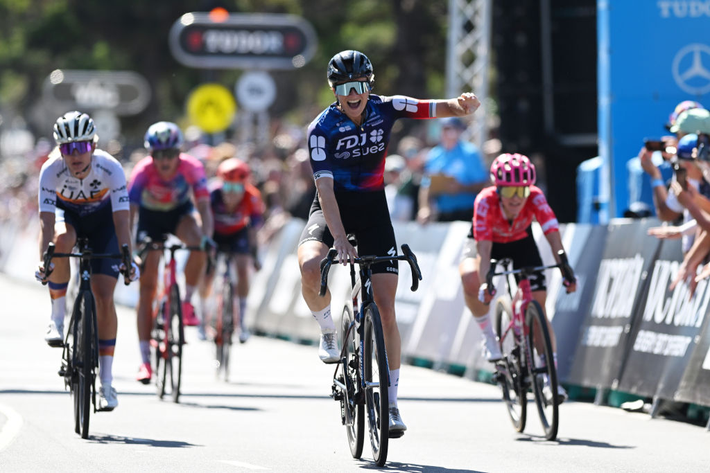 GEELONG, AUSTRALIA - FEBRUARY 01: Ally Wollaston of New Zealand and Team FDJ - Suez celebrates at finish line as race winner ahead of Noemi Ruegg of Switzerland and Team EF Education-Oatly and Karlijn Swinkels of The United Kingdom and UAE Team ADQ during the 9th Cadel Evans Great Ocean Road Race 2025, Women&amp;apos;s Elite a 141.8km one day race from Geelong to Geelong / #UCIWWT / on February 01, 2025 in Geelong, Australia. (Photo by Dario Belingheri/Getty Images)
