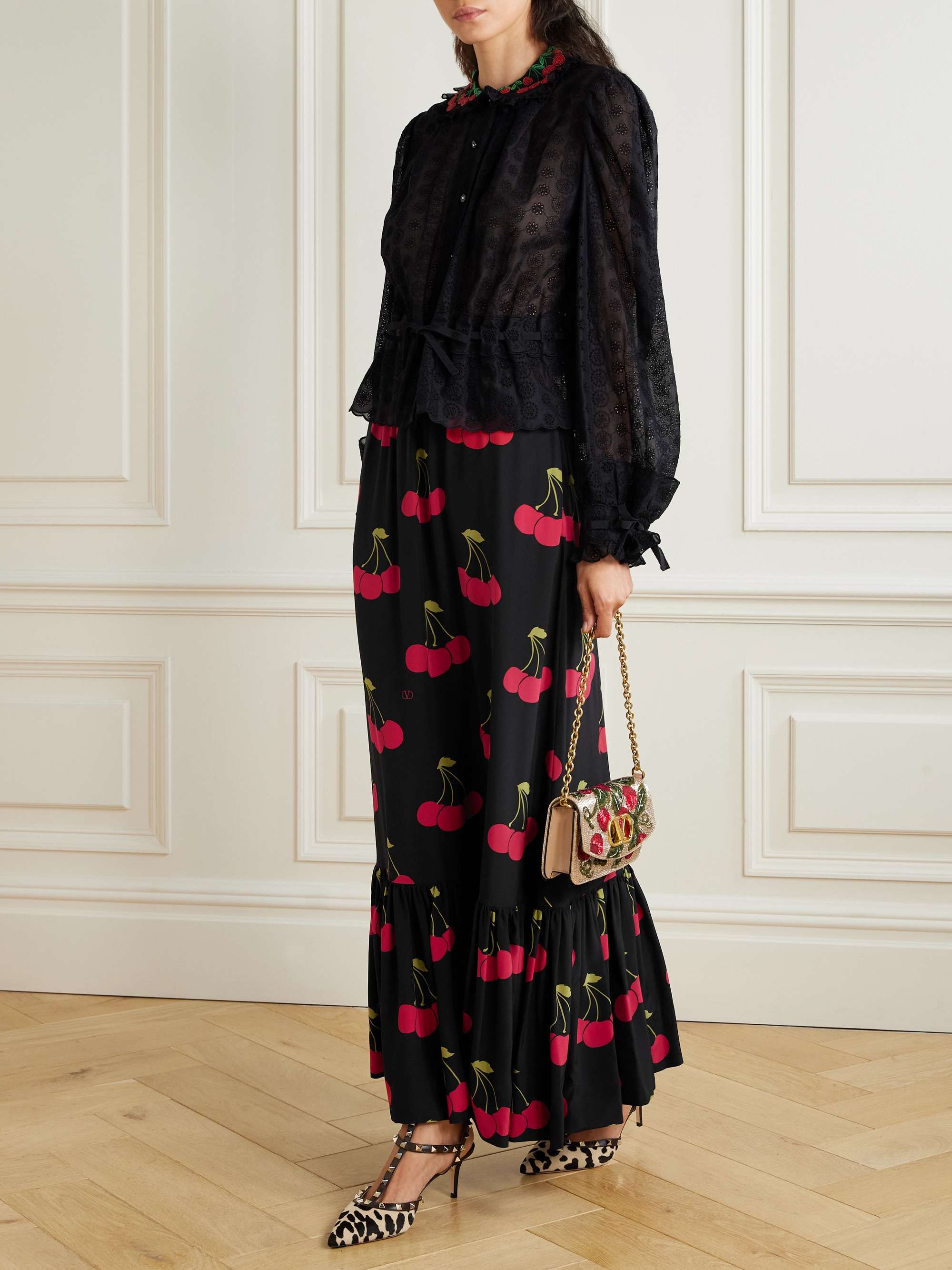 Ruched Velvet-Trimmed Printed Silk-Crepe Maxi Skirt