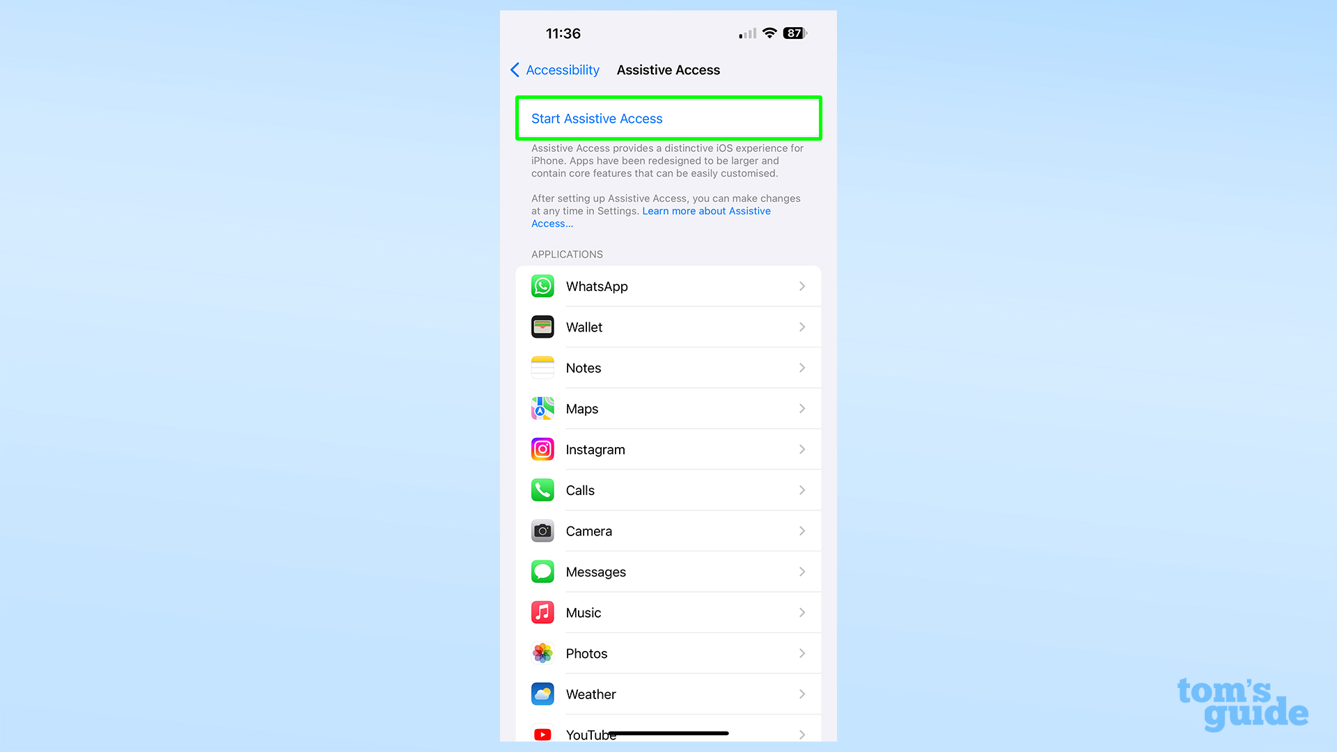Снимок экрана, показывающий кнопку запуска вспомогательного доступа в iOS 17.