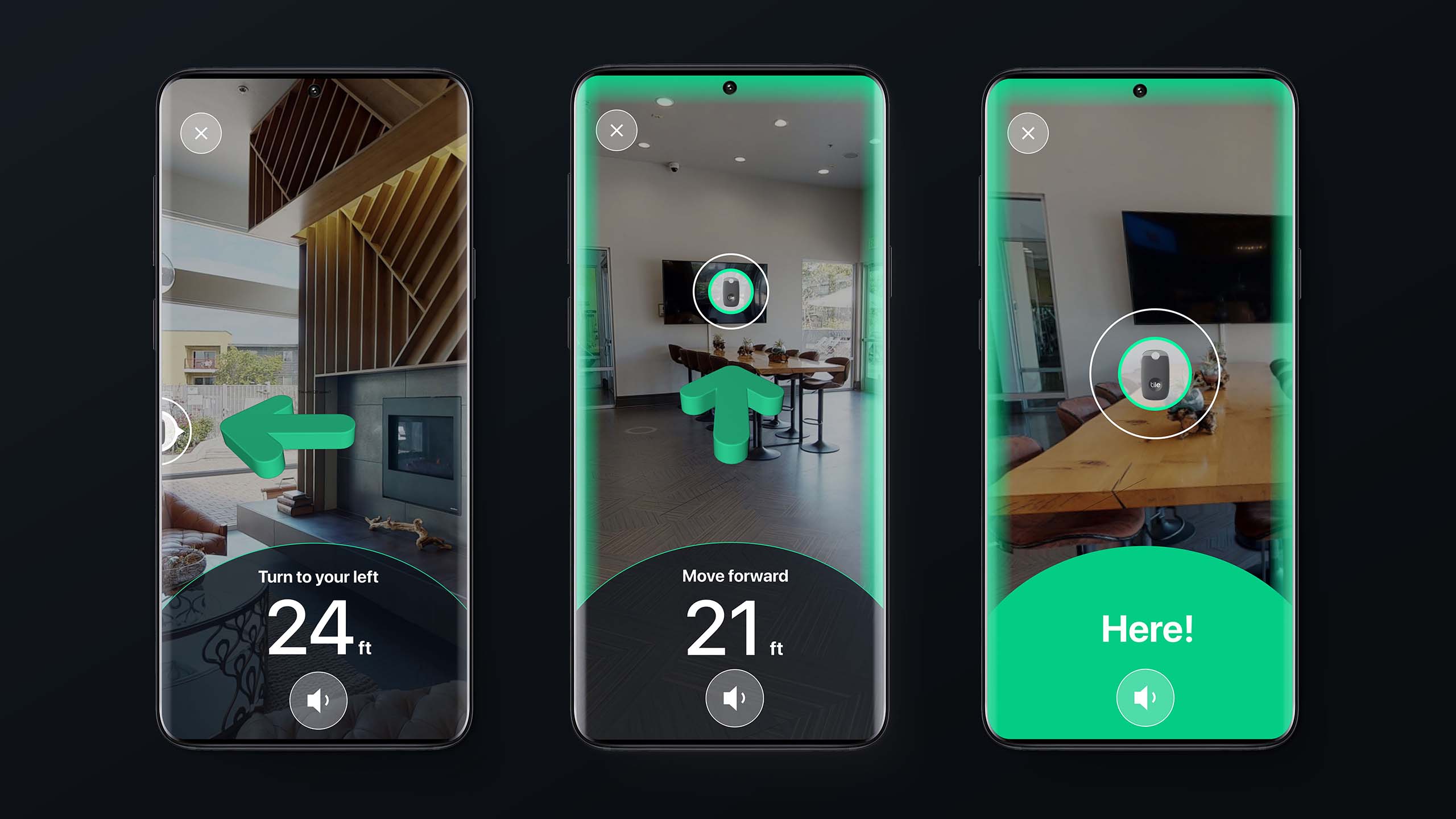 Skärmdumpar från Tiles app som visar ur det ser ut när du letar efter något med kommande Tile Ultra.