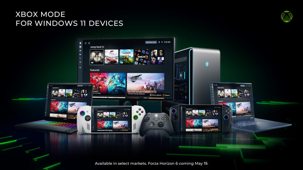 Xbox Mode promo image showing multiple Windows 11 devices with a console-style UI and a controller, highlighting availability and Forza Horizon 6.