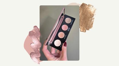 On the left is a close-up of Digital Beauty Writer, Naomi Jamieson's hand holding up the Urban Decay Moondust eyeshadow palette, which features four shimmer eye shadow shades/ in a cream template with pink and gold sparkly eyeshadow swatches