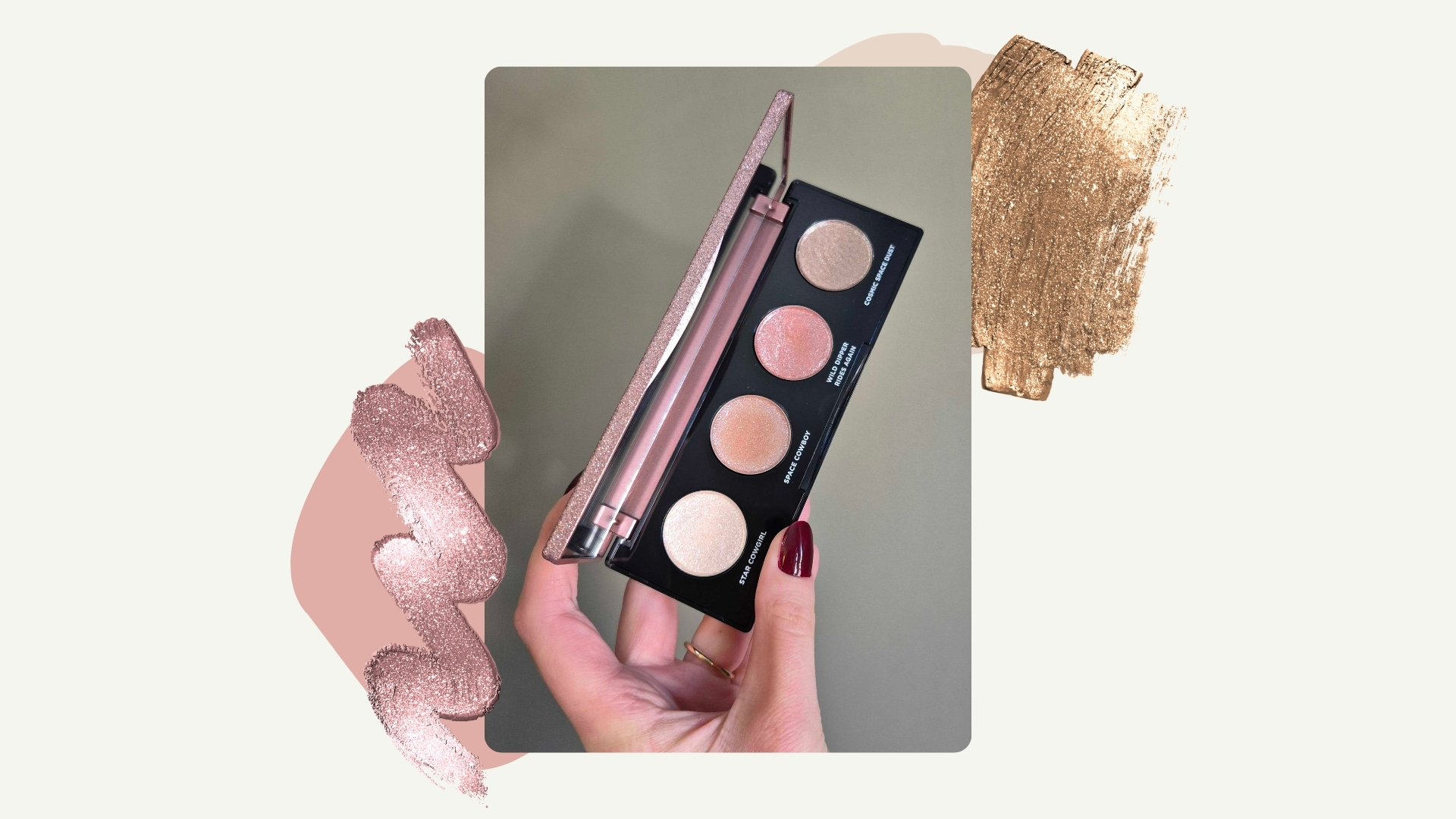 On the left is a close-up of Digital Beauty Writer, Naomi Jamieson's hand holding up the Urban Decay Moondust eyeshadow palette, which features four shimmer eye shadow shades/ in a cream template with pink and gold sparkly eyeshadow swatches