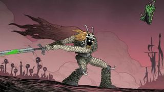 A Warrior homunculus hacks apart a goblin in the Flask intro cutscene.