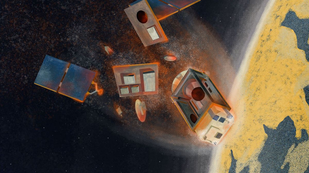 An artist&#039;s impression of a satellite disintegrating during atmospheric re-entry.