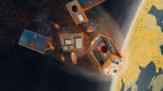 An artist's impression of a satellite disintegrating during atmospheric re-entry.