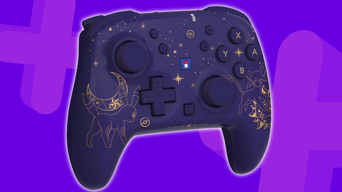 Image of the HORI Wireless HORIPAD Turbo (Umbreon and Espeon) controller on a purple GamesRadar+ background.