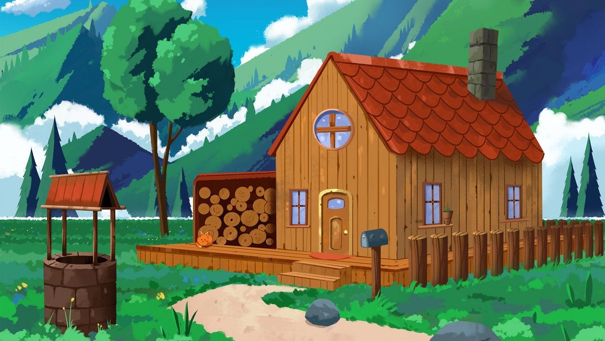 Stardew &amp; Chill album cover art, a stylized artwork of a farmhouse with red roof in a grassy area in front of mountains in the distance.