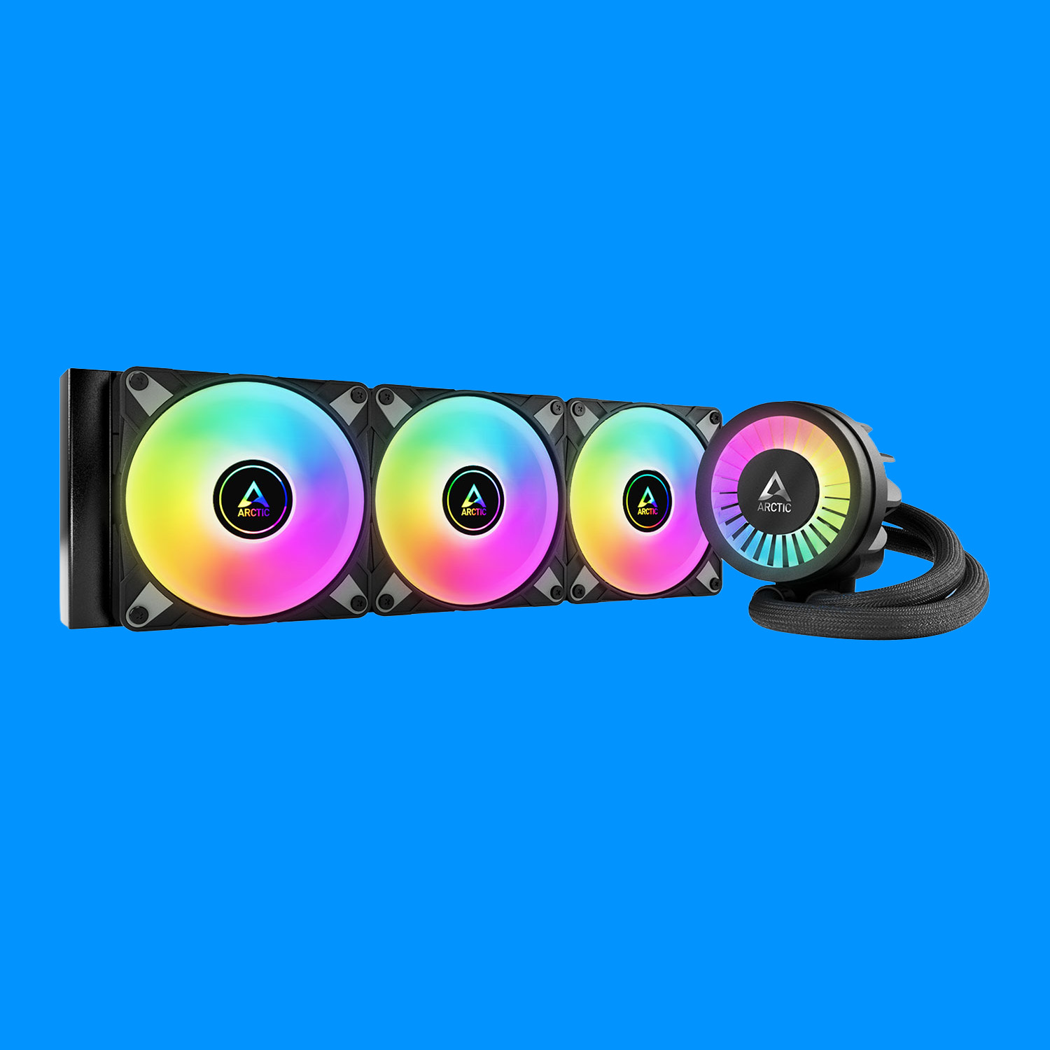A liquid cooler on a colourful background.