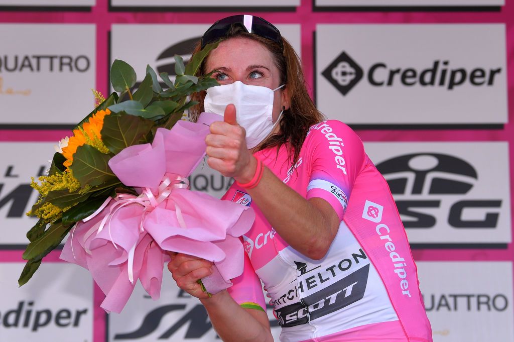 TIVOLI ITALY SEPTEMBER 14 Podium Annemiek Van Vleuten of The Netherlands and Team Mitchelton Scott Pink Leader Jersey Celebration during the 31st Giro dItalia Internazionale Femminile 2020 Stage 4 a 1703km stage from Assisi to Tivoli 237m GiroRosaIccrea GiroRosa on September 14 2020 in Tivoli Italy Photo by Luc ClaessenGetty Images