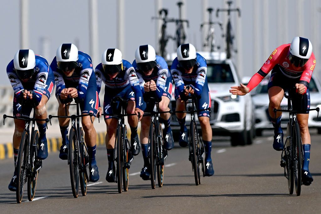 KHALIFA PORT UNITED ARAB EMIRATES FEBRUARY 21 A general view of Remco Evenepoel of Belgium Josef Cern of Czech Republic Tim Merlier of Belgium Red Leader Jersey Mauro Schmid of Switzerland Pieter Serry of Belgium Bert Van Lerberghe of Belgium Louis Vervaeke of Belgium and Team Soudal QuickStep competing during the 5th UAE Tour 2023 Stage 2 a 173km team time trial in Khalifa Port UAETour on February 21 2023 in Khalifa Port United Arab Emirates Photo by Dario BelingheriGetty Images