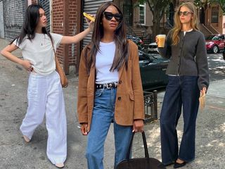 fashion collage of style influencers featuring Mimi Nguyen, Lorna Humphrey, and Clara Dyrhauge wearing classic yet trendy outfit ideas with of-the-moment pieces like mesh flats, linen pants, studded belts, and waisted cardigans