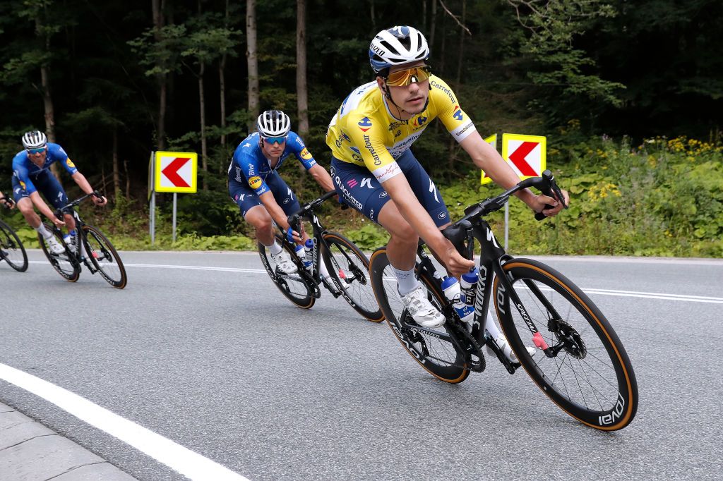 BIELSKOBIALA POLAND AUGUST 13 Joo Pedro Gonalves Almeida of Portugal and Team Deceuninck QuickStep Yellow Leader Jersey during the 78th Tour de Pologne 2021 Stage 5 a 173km stage from Chochow Czarny Dunajec to BielskoBiaa 434m TourdePologne TDP2021 UCIWT on August 13 2021 in BielskoBiala Poland Photo by Bas CzerwinskiGetty Images