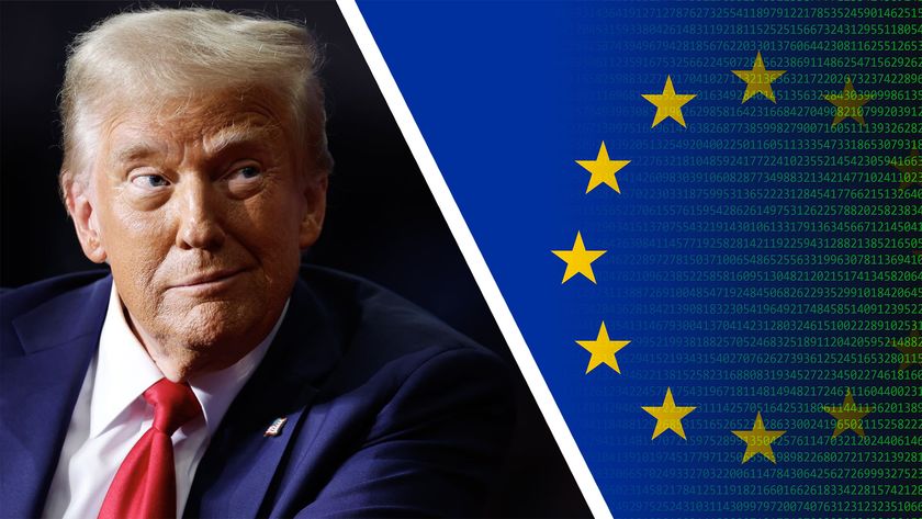 US President Donald Trump on the left, EU flag on a binary code on the right