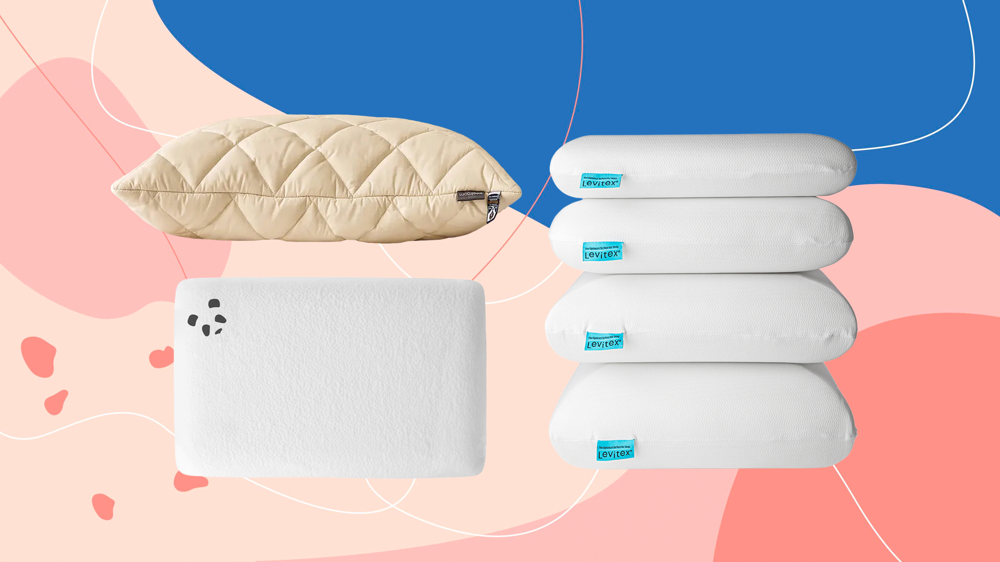 Three of the best pillow for side sleepers on a pink and blue background
