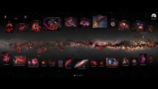 A deep-sky panorama composed of thousands of images, surrounded by zoomed-in snapshots of various celestial objects