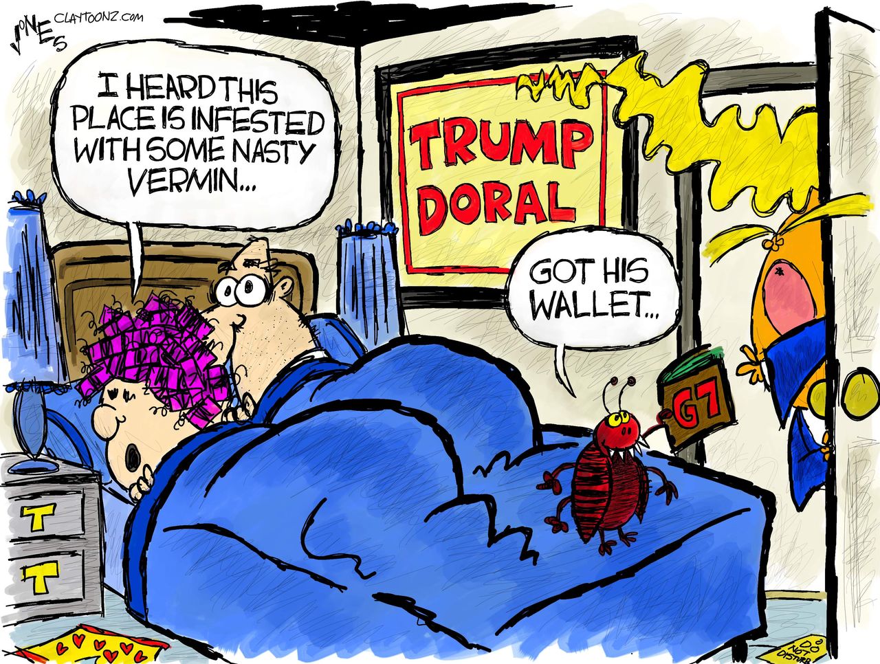 Political Cartoon Trump Doral G7 Summit Bedbugs Steal Wallet