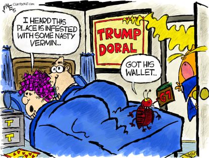 Political Cartoon Trump Doral G7 Summit Bedbugs Steal Wallet