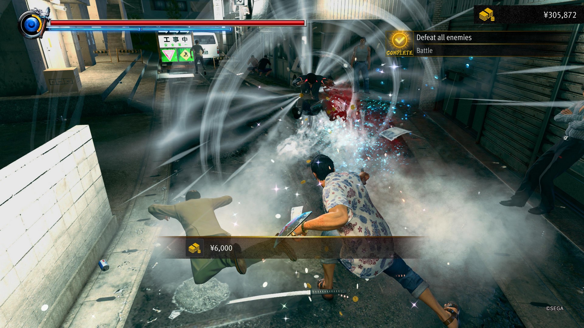 Kiryu blows enemies away with a shield smash in Yakuza Kiwami 3 &amp;amp; Dark Ties