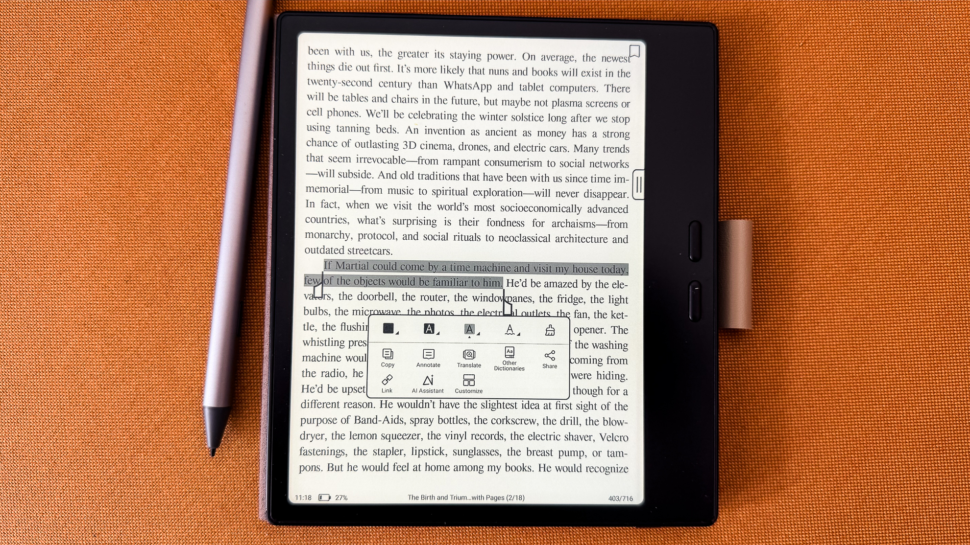 A highlighted section on an ebook on the Boox Go 7 ereader