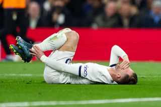 James Maddison of Tottenham Hotspur goes down injured before he is replaced during the Premier League match between Tottenham Hotspur and Chelsea FC at Tottenham Hotspur Stadium on November 06, 2023 in London, England. (Photo by Robin Jones/Getty Images) England squad