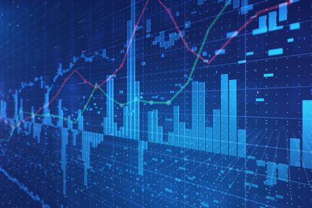 blue stock chart with volume bars and moving averages